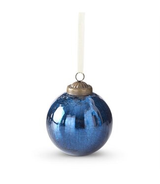 3 Inch Mirrored Blue Crackled Glass Round Ornament