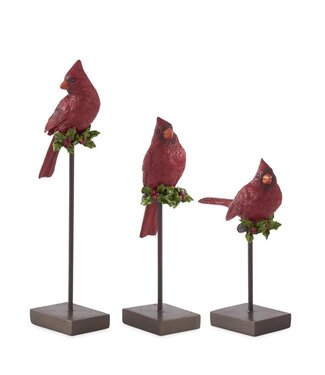 Resin Cardinals With Holly On Black Metal Spindle - Sold Individually