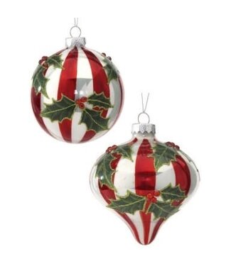 4" Glass Stripe Holly Ornament - Sold Individually