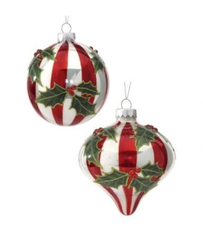 4" Glass Stripe Holly Ornament - Sold Individually