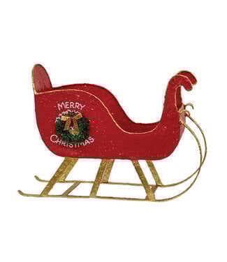 Distressed Red Metal Merry Christmas Sleigh with Wreath
