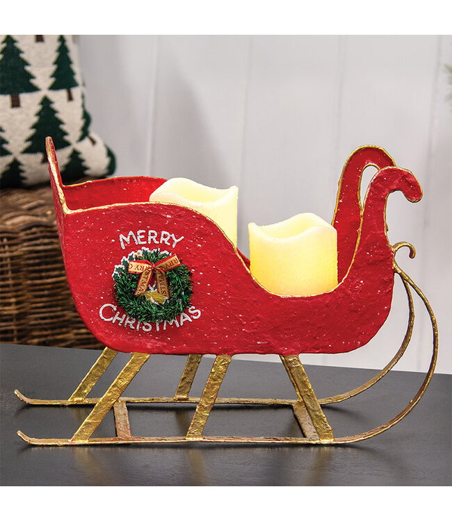 Distressed Red Metal Merry Christmas Sleigh with Wreath