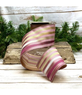 4" x 10yds Jacquard Irregular Stripe Ribbon, Raspberry/Gold/Pink