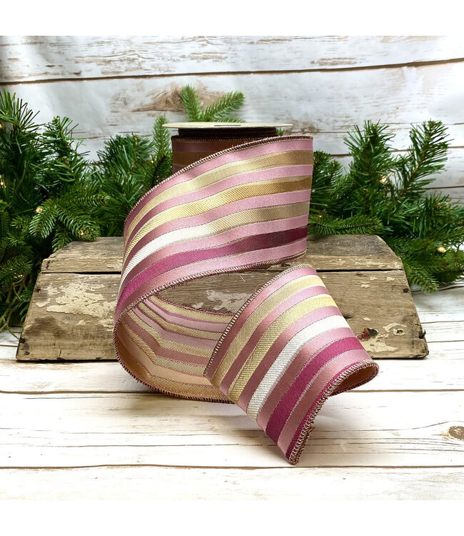 4" x 10yds Jacquard Irregular Stripe Ribbon, Raspberry/Gold/Pink