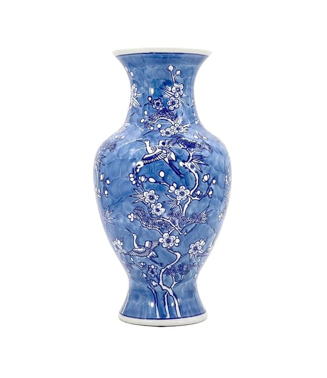 14" Blue & White Crane & Flowers Chinoiserie Ceramic Vase