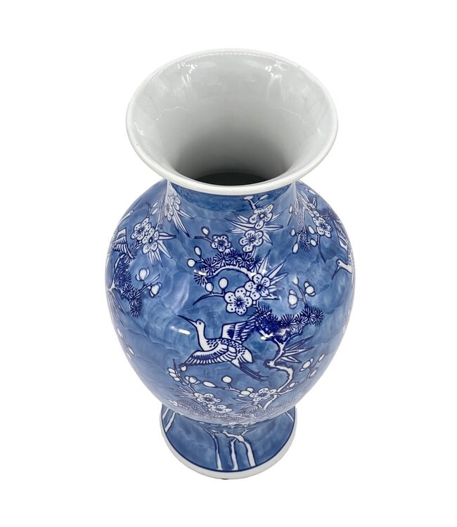14" Blue & White Crane & Flowers Chinoiserie Ceramic Vase