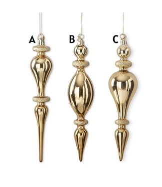 9 Inch Gold Glass Finial Ornaments w/Gold Glitter Trim