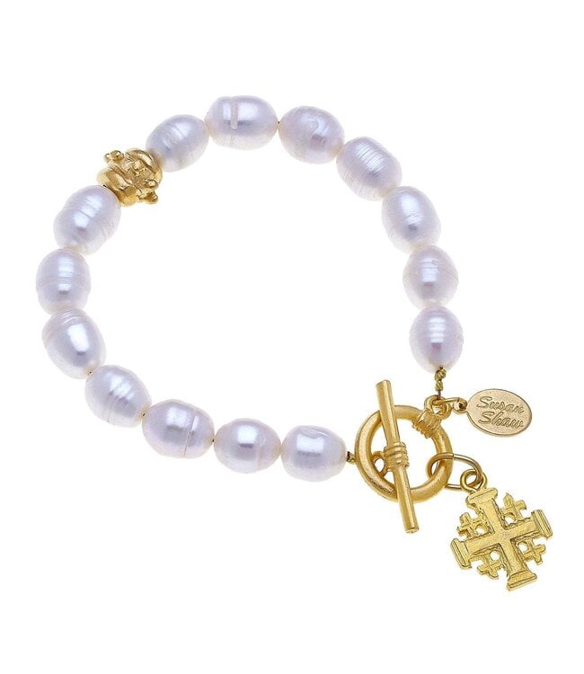 SUSAN SHAW Jerusalem Cross Pearl Bracelet