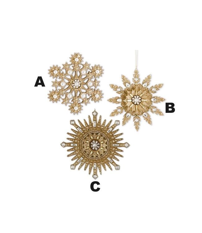 6.25 Inch Gold Resin Jeweled Snowflake Ornament - Sold Individually