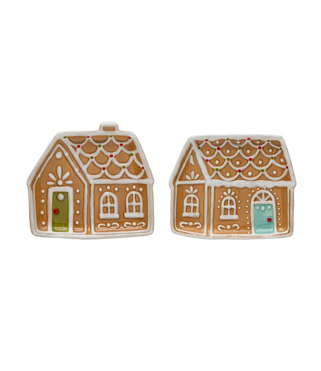 Hand-Painted Ceramic Gingerbread House Shaped Plate - Multicolor - Sold Individually