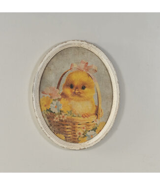 Oval Framed Chick in Basket With Flowers Print