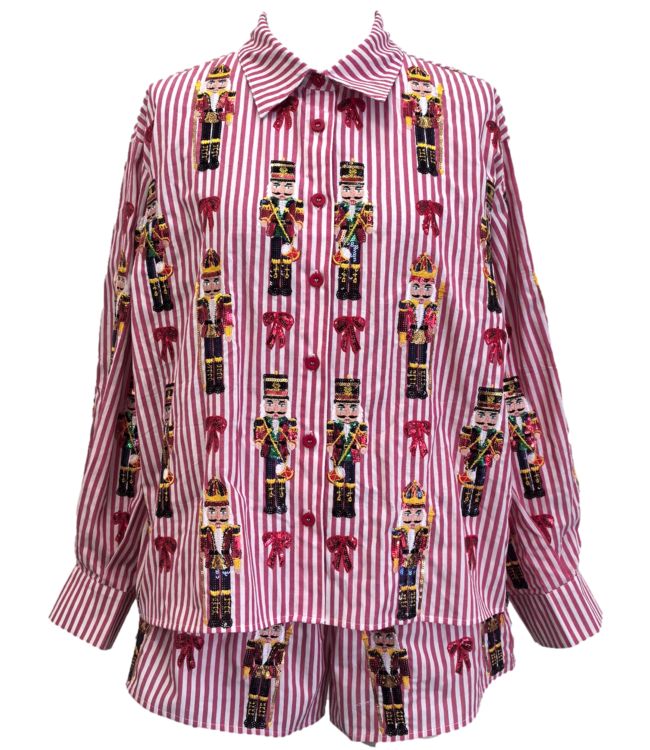 Naomi Stripe Scattered Nutcracker & Bow Cotton Button up Top