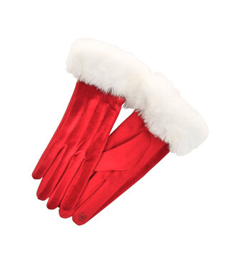 Gloves Velvet, Faux Fur Cuff, Fleeced Lined - Red