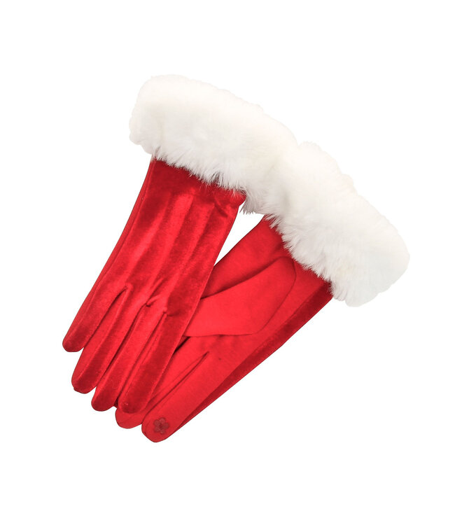 Gloves Velvet, Faux Fur Cuff, Fleeced Lined - Red