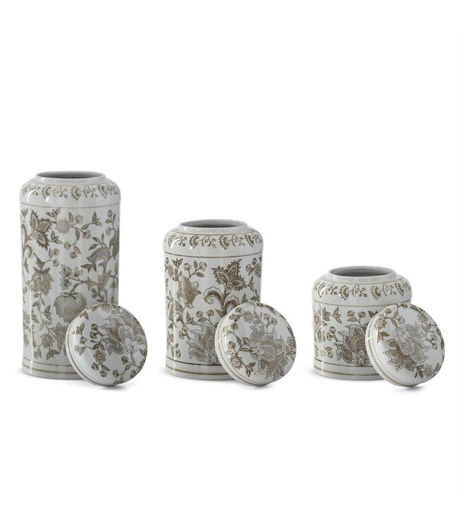 Taupe & White Porcelain Chinoiserie Lidded Jar - Sold Individually
