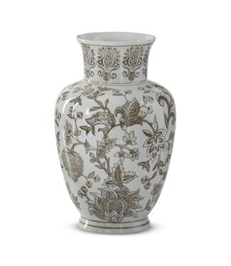 11.75 Inch Taupe & White Porcelain Chinoiserie Vase