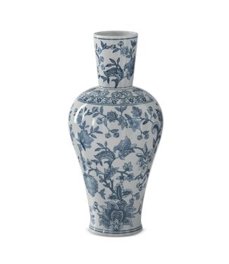 17 Inch Navy Blue & White Porcelain Chinoiserie Fluted Vase