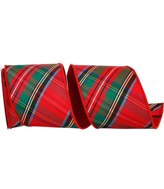 Plaid Dupioni Classic Diagonal Luxe Red Backed Wired Edge Ribbon