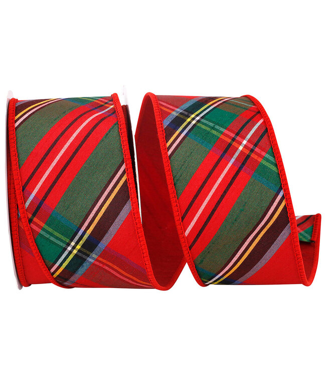 Plaid Dupioni Classic Diagonal Luxe Red Backed Wired Edge Ribbon