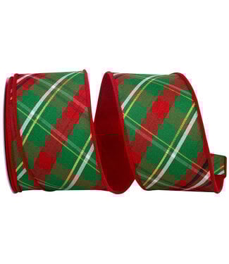 2-1/2 inch Plaid Dupioni Verde Diagonal Red Backed Wired Edge Ribbon