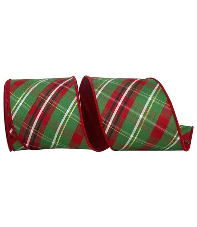 Plaid Dupioni Verde Diagonal Red Backed Wired Edge Ribbon - Red/Green
