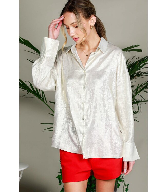 JELLYCAT Aria V-neck Long Sleeve Metallic Woven Blouse Top