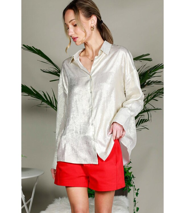 JELLYCAT Aria V-neck Long Sleeve Metallic Woven Blouse Top