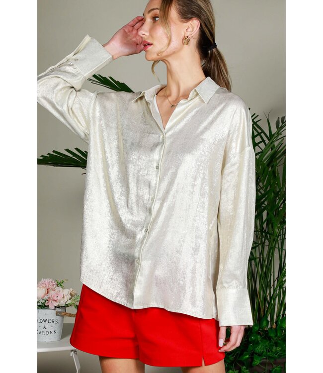 JELLYCAT Aria V-neck Long Sleeve Metallic Woven Blouse Top