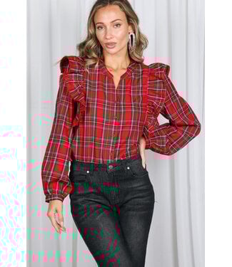 Chloe Edge Trim Ruffle Accents Plaid Blouse