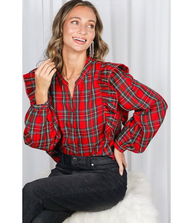 Chloe Edge Trim Ruffle Accents Plaid Blouse