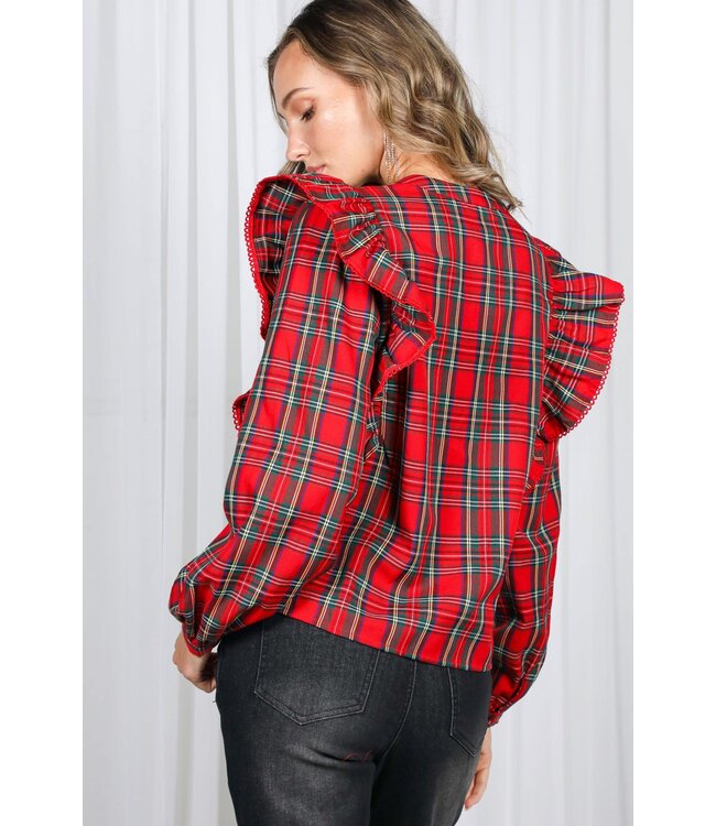 Chloe Edge Trim Ruffle Accents Plaid Blouse