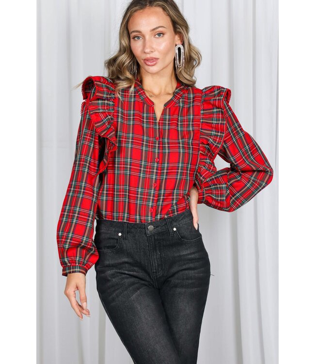 Chloe Edge Trim Ruffle Accents Plaid Blouse