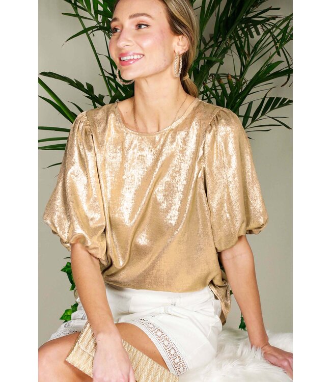 Ellie Bubble Short Sleeve Metallic Woven Blouse Top