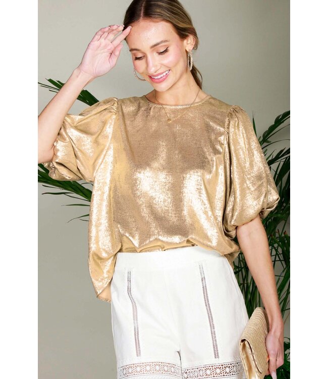 Ellie Bubble Short Sleeve Metallic Woven Blouse Top
