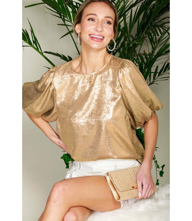 Ellie Bubble Short Sleeve Metallic Woven Blouse Top