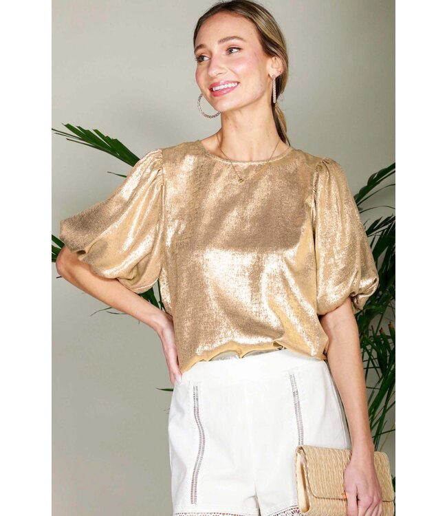 Ellie Bubble Short Sleeve Metallic Woven Blouse Top