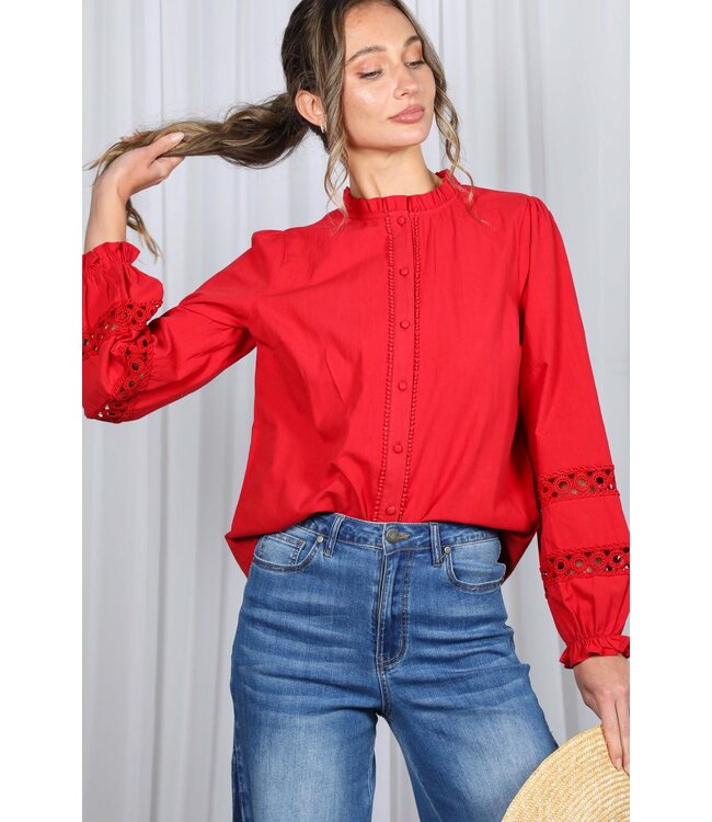 Eliana Lace Trim Detail Ruffle Neck Cotton Blouse