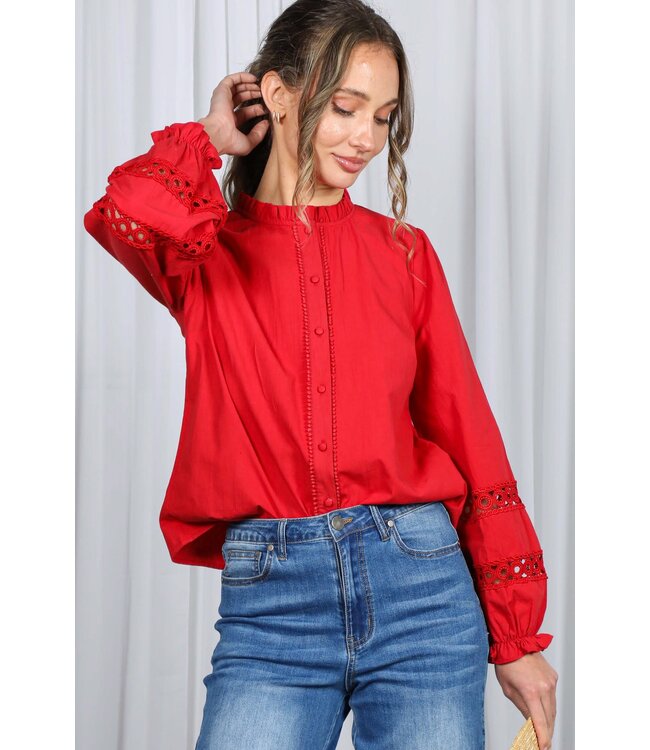 Eliana Lace Trim Detail Ruffle Neck Cotton Blouse