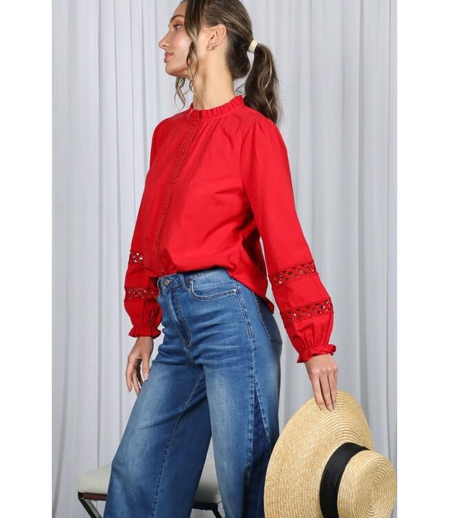 Eliana Lace Trim Detail Ruffle Neck Cotton Blouse