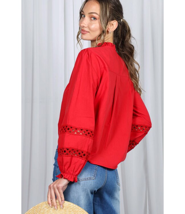 Eliana Lace Trim Detail Ruffle Neck Cotton Blouse