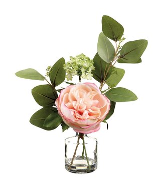 12" Rose/Snowball in Glass Vase Pink Peach