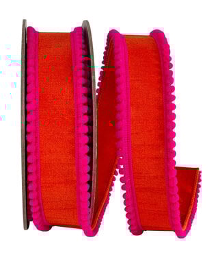 1.5 Inch Pom Pom Mini Edge Trimming Dupioni Deluxe - Orange/Fuchsia