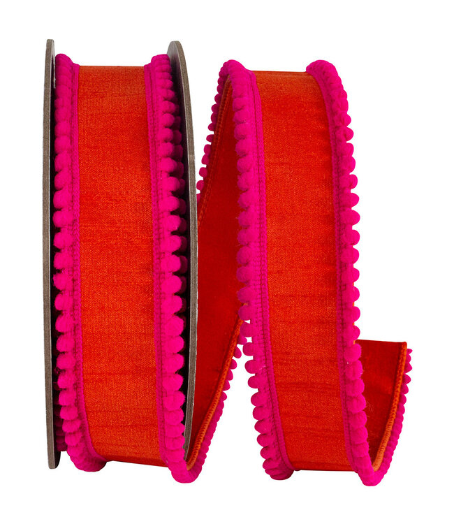 1.5 Inch Pom Pom Mini Edge Trimming Dupioni Deluxe - Orange/Fuchsia
