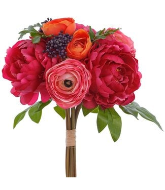 13 Inch Real Touch Peony/Ranunculus Bouquet Fuchsia Orange