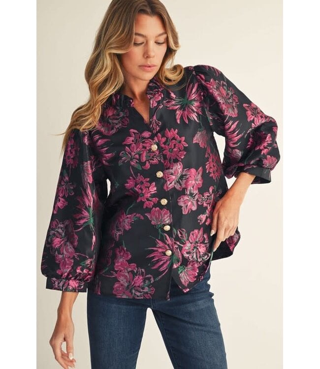 Aries Button Down Floral Jacquard Top
