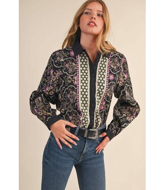 Abigail Exclusive Floral Border Print Button Up Top