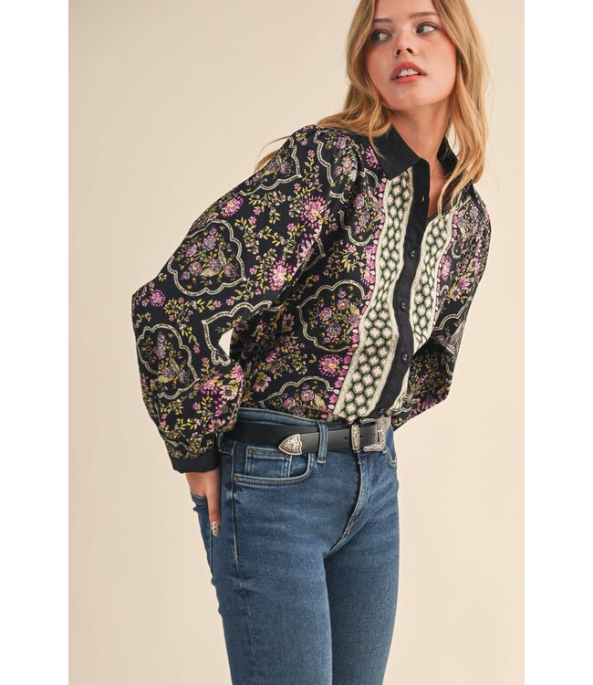 Abigail Exclusive Floral Border Print Button Up Top