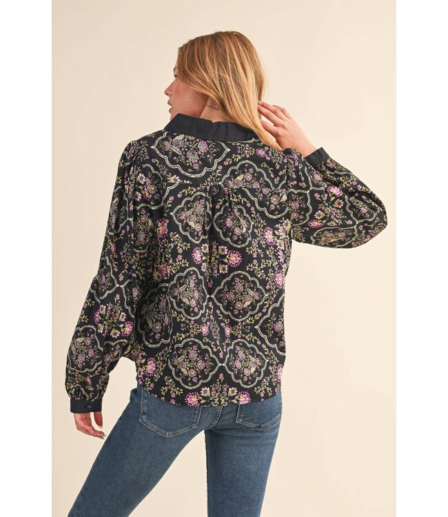 Abigail Exclusive Floral Border Print Button Up Top