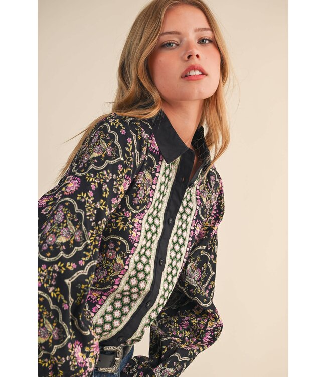 Abigail Exclusive Floral Border Print Button Up Top