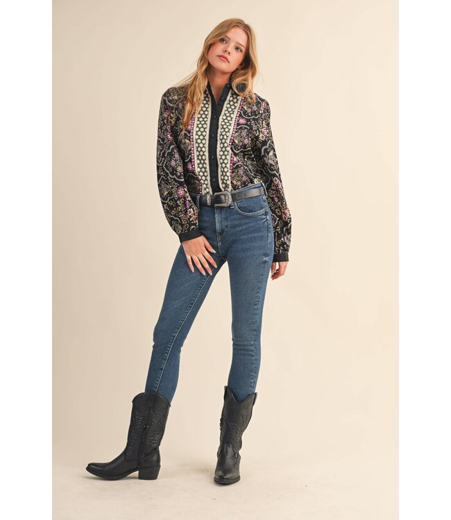 Abigail Exclusive Floral Border Print Button Up Top